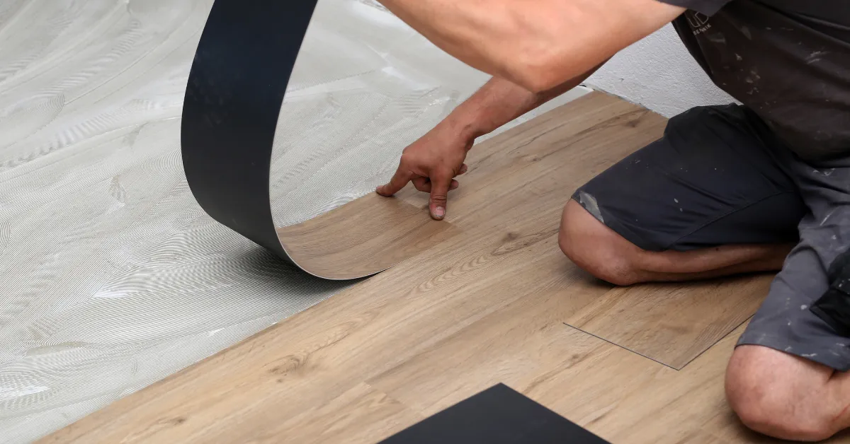 Installer fitting a plank of luxury vinyl flooring over adhesive