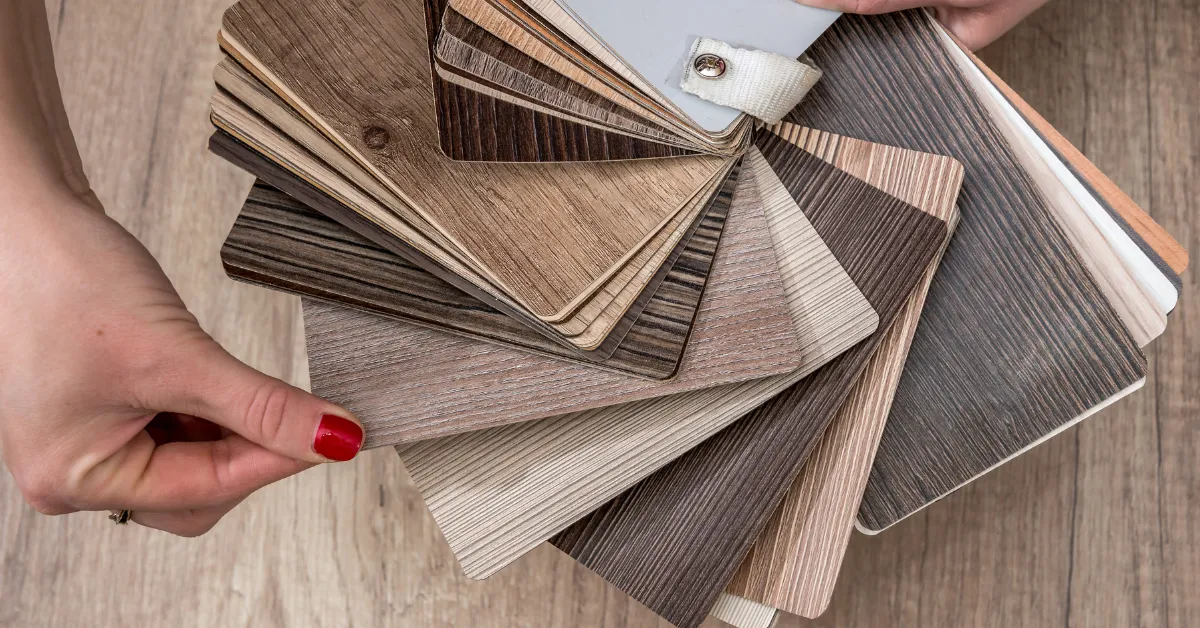 Hands fanning out a stack of vinyl plank flooring samples in assorted wood tones
