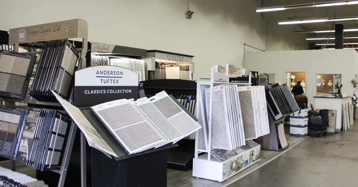 Carpet sample boards from Anderson Tuftex, Stanton and Unique Carpets inside the Carpet Depot showroom