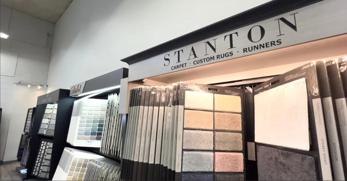Stanton carpet, custom rugs and runners display inside the Carpet Depot showroom